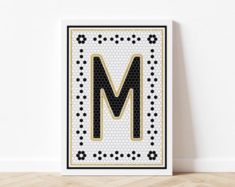 Letter M Mosaic Art Print, Vintage Tile Letter Design, Black & White Letter Art, French Tile Inspired Art, Digital Download, Printable Art