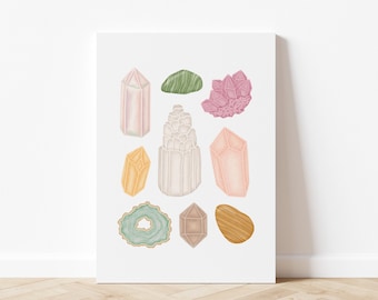 Impressão de arte de ilustração de cristal, arte de parede de amante de cristal, arte de geodo, arte de quartzo rosa, arte de malaquita, download digital, arte para impressão