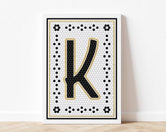 Letter K Mosaic Art Print, Vintage Tile Letter Design, Black & White Letter Art, French Tile Inspired Art, Digital Download, Printable Art
