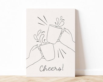 Coffee Cheers Minimalist Line Art Print, Schwarz und Beige Line Art, Kaffee Liebhaber Wandkunst, Boho Kaffee Kunst, Digitaler Download, druckbare Kunst