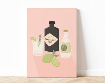 Gin and Tonic Art Print, Gin Cocktail Illustration Art, Alkohol Wandkunst, College Wandkunst, Dorm Art, Digitaler Download, druckbare Kunst