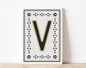 Letter V Mosaic Art Print, Vintage Tile Letter Design, Black & White Letter Art, French Tile Inspired Art, Digital Download, Printable Art