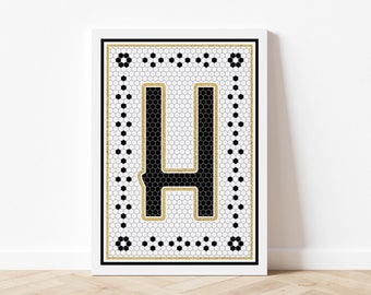 Letter H Mosaic Art Print, Vintage Tile Letter Design, Black & White Letter Art, French Tile Inspired Art, Digital Download, Printable Art