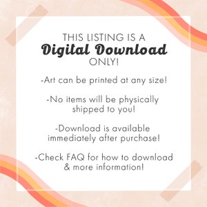 Może przedstawiać: Grafika pobrania cyfrowego z tekstem "THIS LISTING IS A Digital Download ONLY!" i listą informacji o pobieraniu. Grafika ma brzoskwiniowe tło z pomarańczowymi i ż&oacute;łtymi paskami.