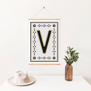 Letter V Mosaic Art Print, Vintage Tile Letter Design, Black & White ...