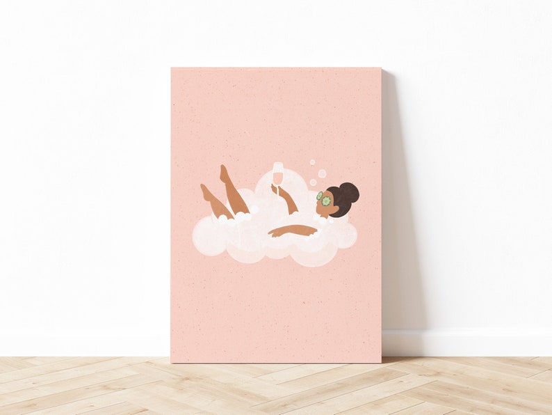 May include: A digital illustration of a person relaxing in a bubble bath with a glass of wine. The person is wearing cucumber eye patches and is surrounded by bubbles. The background is a light pink color.