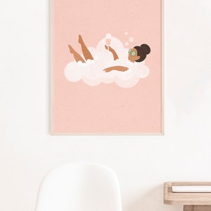 May include: A digital illustration of a person relaxing in a bubble bath with a glass of wine. The person is wearing a cucumber face mask and has their hair pulled back in a bun. The background is a light pink color.