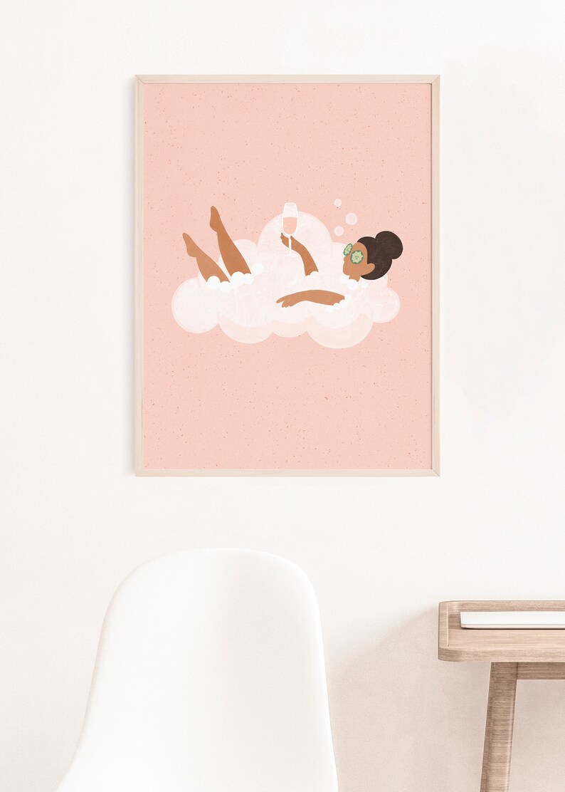 May include: A digital illustration of a person relaxing in a bubble bath with a glass of wine. The person is wearing a cucumber face mask and has their hair pulled back in a bun. The background is a light pink color.
