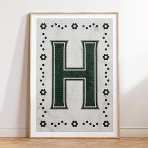 Letter H Monogram Art Print, Green & Beige Vintage Marble Tile Style, Digital Download Wall Art, Minimalist Alphabet Printable Decor