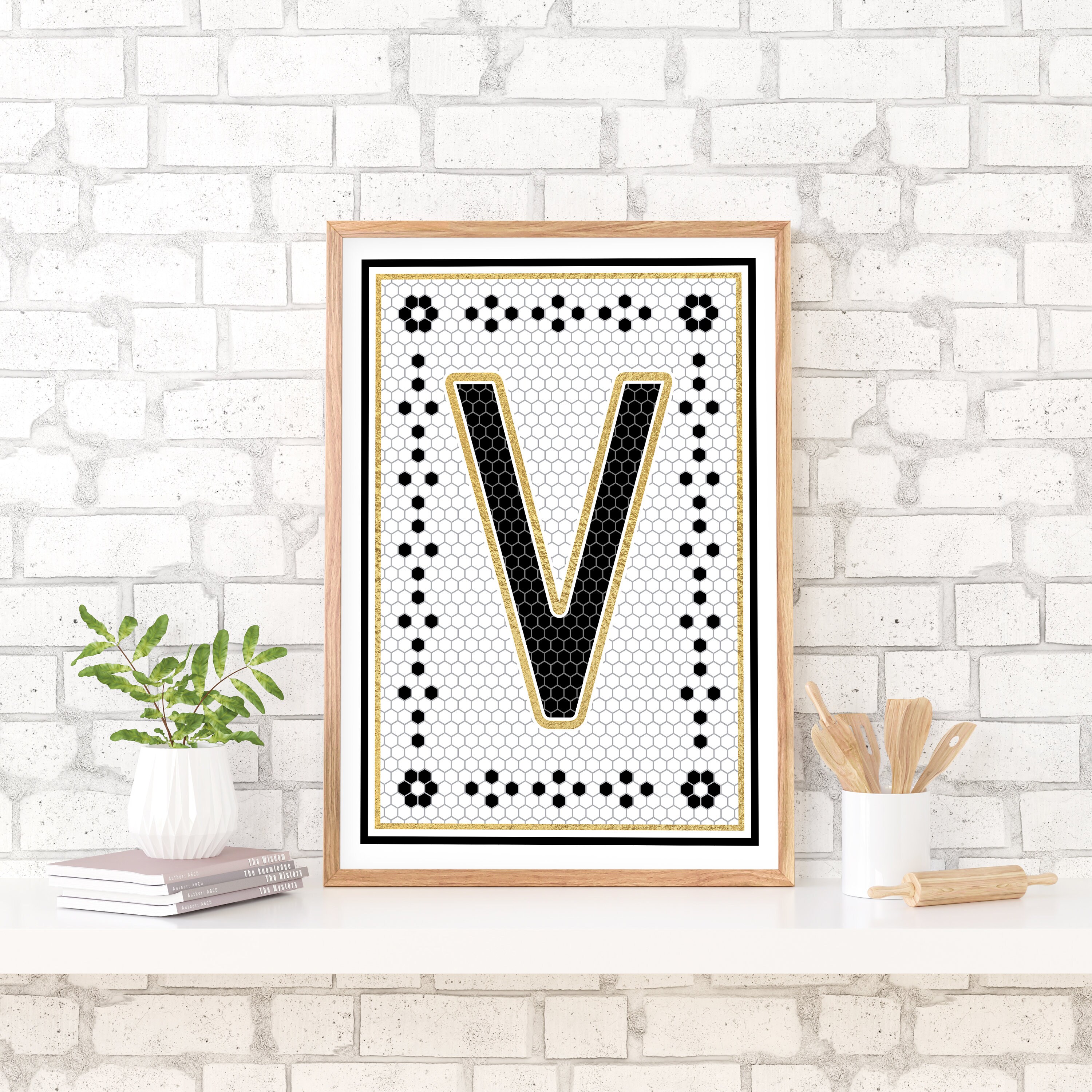 Letter V Mosaic Art Print, Vintage Tile Letter Design, Black & White ...