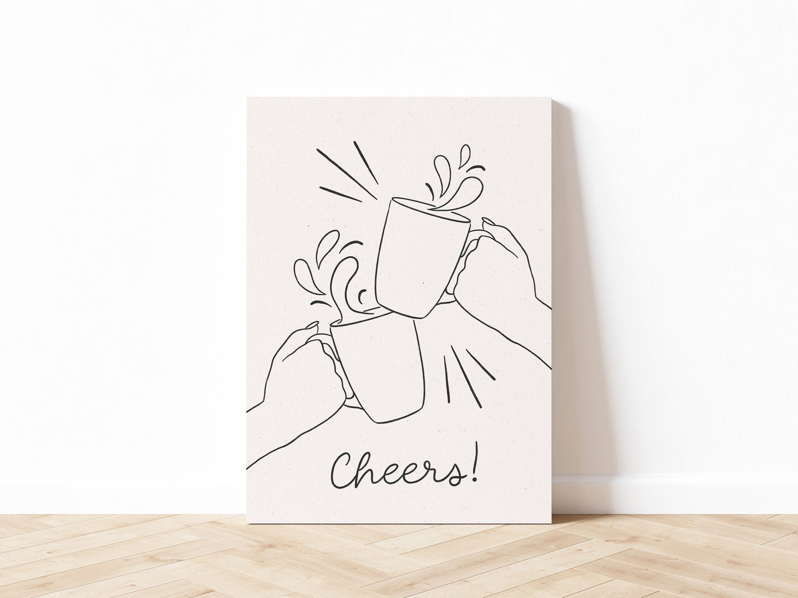 Coffee Cheers Minimalist Line Art Print, Black and Beige Line Art