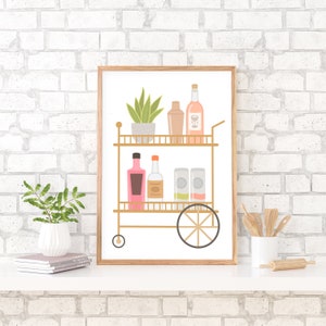 College Girl Bar Cart Illustration, Liquor Bottle Art Print, Boho Bar Wall Art, Trendy Dorm Wall Art, Digital Download, Printable Art