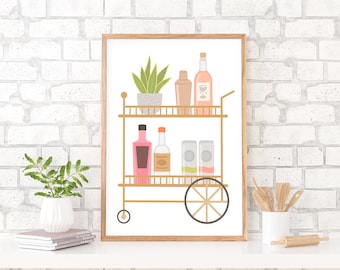 College Girl BarWagen Illustration, Schnaps Flasche Art Print, Boho Bar Wandkunst, Trendy Dorm Wandkunst, Digitaler Download, druckbare Kunst