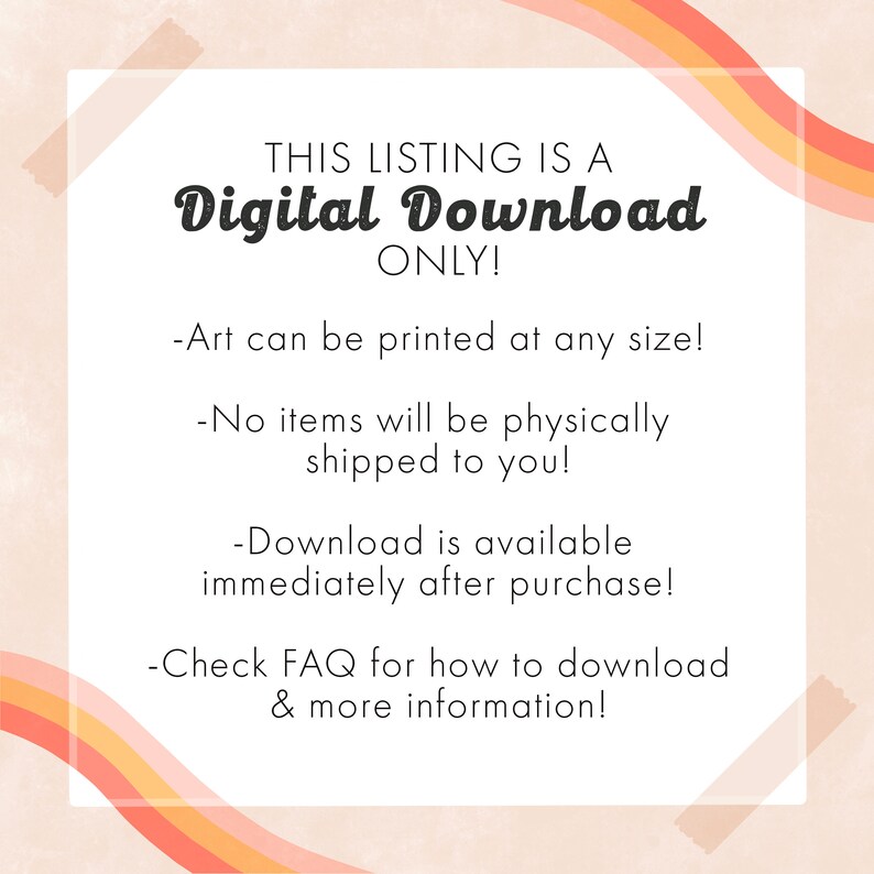 May include: A digital download graphic with the text "THIS LISTING IS A Digital Download ONLY!" and a list of information about the download. The graphic has a peach background with orange and yellow stripes.
