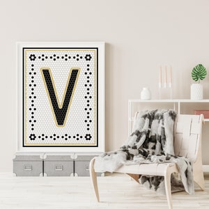 Letter V Mosaic Art Print, Vintage Tile Letter Design, Black & White ...