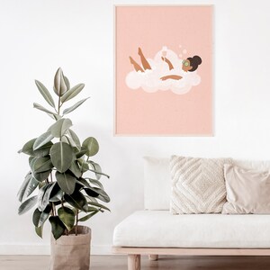 May include: A pink and white illustration of a person relaxing in a bubble bath with a glass of wine. The person is wearing a headband and has cucumber slices on their eyes.