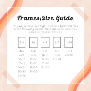May include: A chart with a pink background and orange and yellow stripes. The chart shows different aspect ratios for printing artwork, including 2:3, 3:4, 4:5, 5:7, and 11:14. The chart lists various sizes in inches for each aspect ratio.