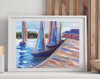 Abstract Sailboats Ocean Wall Art,Original Acrylic (9x12) Boat Painting on Paper,Beach Wall Art,Seascape Art,Hand-painted Coastal Wall Art