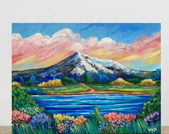 Abstract Summer Mountain Lake Flowers Landscape Painting, Original Acrylic textured Wall Art on Canvas
