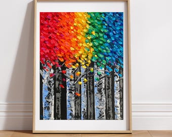Abstract Birch Tree Painting: Colorful Acrylic Landscape Art (11x14)