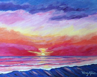 Colorful sunset abstract painting,original impressionist acrylic painting on paper,beach painting,beach decor,coastal painting,modern art