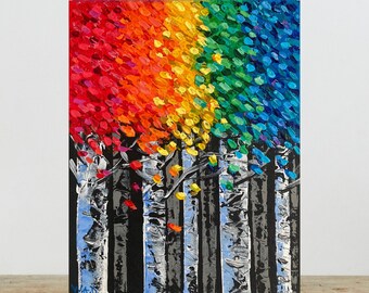 Abstract Birch Tree Painting: Colorful Acrylic Landscape Art (11x14)