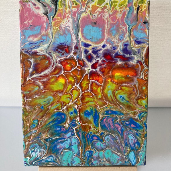 Abstract miniature painting,Original abstract acrylic flow pour painting on canvas,Fluid pour contemporary art,Mini desk art decor,Gift idea