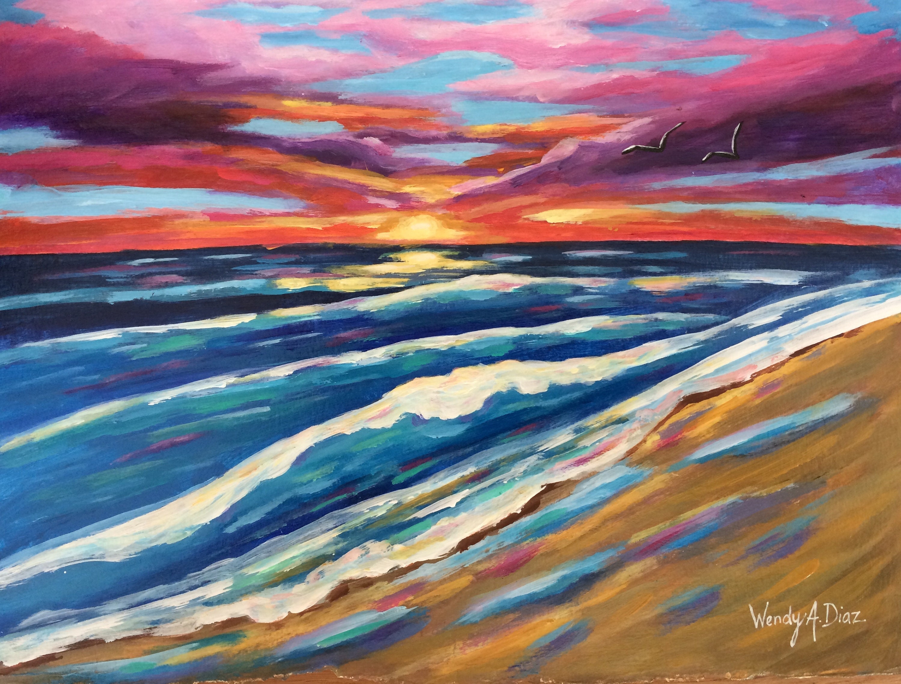 Acrylic Painting of a Sunset Landscape with White Field Flow
