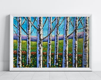 Abstract Landscape Mountain Birch Trees Painting,Original Acrylic 16" x 20" Painting on Canvas,Colorful Scenery Wall Art,Gift Ideas