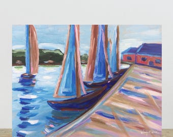 Abstract Summer Sailboats Ocean Beach Painting, Original Acrylic Coastal Wall Art (9x12)
