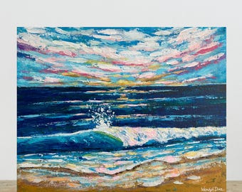 Abstract Summer Sunset Ocean Beach Landscape Painting, Original Acrylic Coastal textured Wall Art