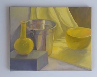 Yellow still life painting, Original oil painting, reflective still life, small painting, Fine art, yellow, gray,