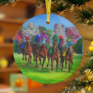 Glass Ornaments - Spring Meet Racing at keeneland, Kentucky Artwork by Brittney Rice, Horses Racing in the Spring at Keeneland Racetrack,