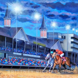 May include: A painting of two horses racing at the Kentucky Derby. The horses are in the lead, with the jockey on the brown horse wearing a red and white uniform. The painting is set against a backdrop of the iconic Churchill Downs racetrack, with the twin spires visible in the background. The crowd is visible in the stands, and the sky is a vibrant blue with clouds.