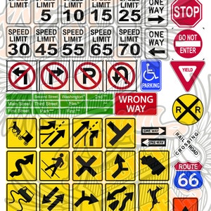 May include: A collection of 24 American road signs, including speed limit signs, one-way signs, stop signs, do not enter signs, yield signs, parking signs, wrong way signs, railroad crossing signs, and route signs. The signs are all in black and white with red, yellow, and blue accents.