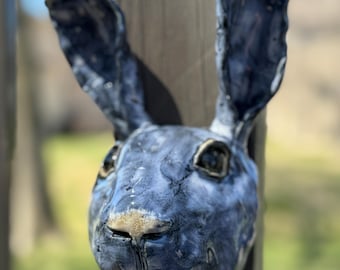 Handmade Black and white Ceramic Bunny Wall Hanging, Glossy Rabbit with Carrot