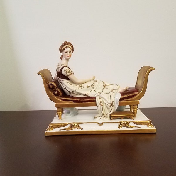 Scheibe-Alsbach porcelain figurine of Parisian socialite, Madame Recamier, as painted by Jacques-Louis David now hanging in the Louvre