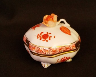 Herend Porcelain Box 6074 W/ Cat Figurine Lid in Rust Chinese