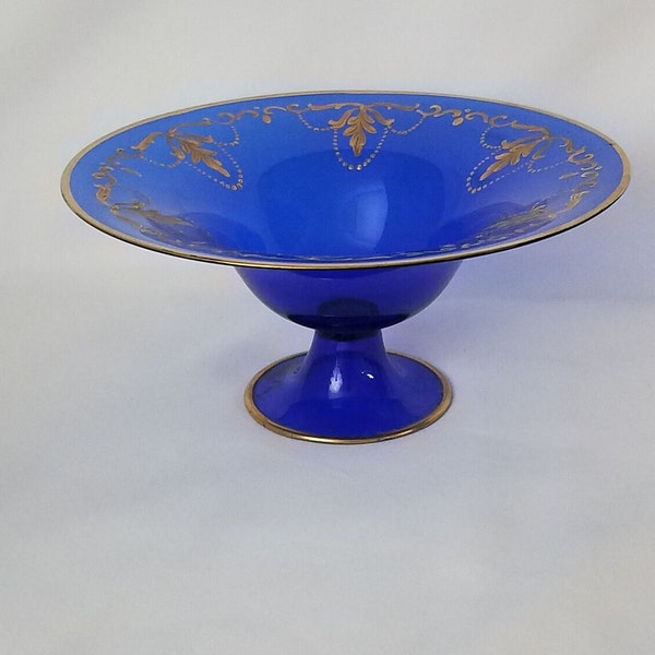 delicate Murano glass pedestal bowl cobalt blue with gold decorations