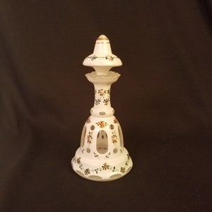 Czech Bohemian glass decanter and stopper cased white cut to clear hand painted with gold accents