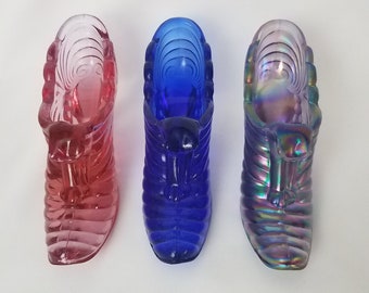 set of 3 Fenton cat head glass shoes in the drapery style Cobalt blue, pink, and iridescent amethyst