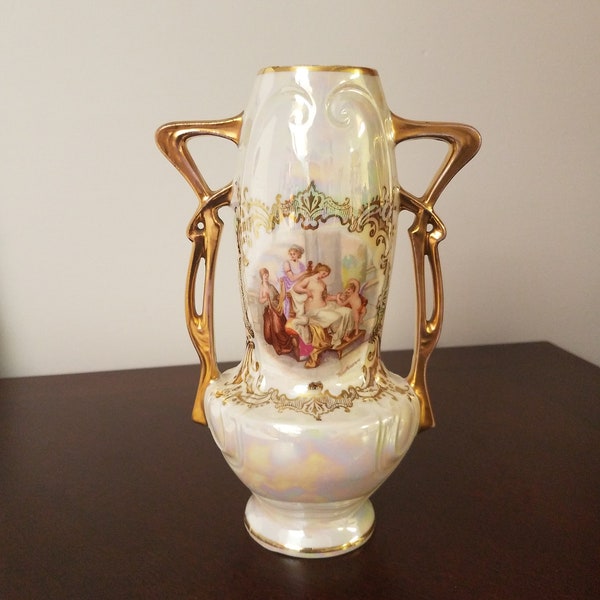 Angelica Kaufmann iridescent white porcelain vase with image of wealthy woman and child being attended by two servants Art Nouveau handles