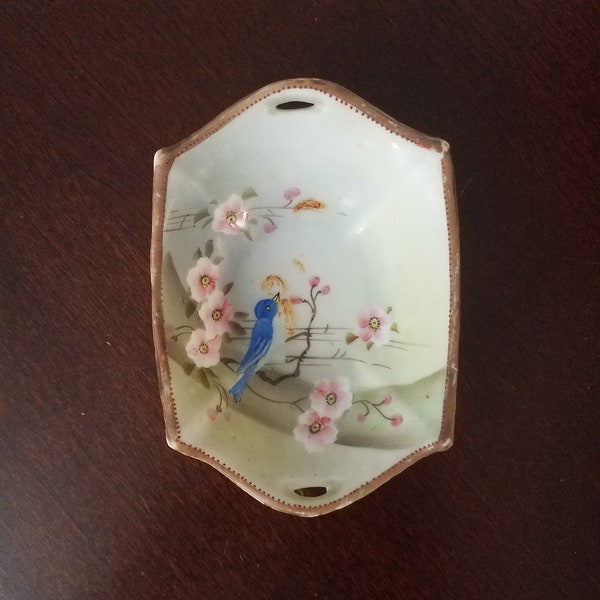 Nippon hand-painted porcelain trinket dish with a beautiful image of a bluebird surrounded by cherry blossoms