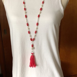 Coral and pearl tassel necklace