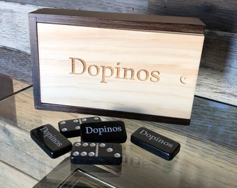 Personalized Double 6 Dominoes in Dark Wooden Case