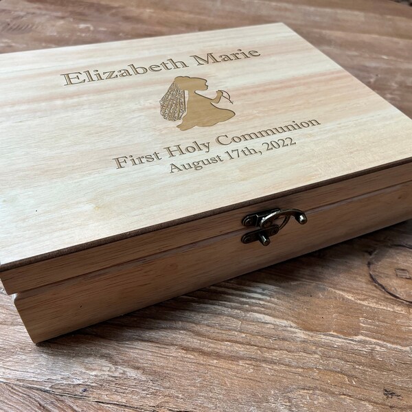 Personalized First Communion / Baptism / Confirmation Engraved Keepsake Wooden Memory Box - Natural Stain