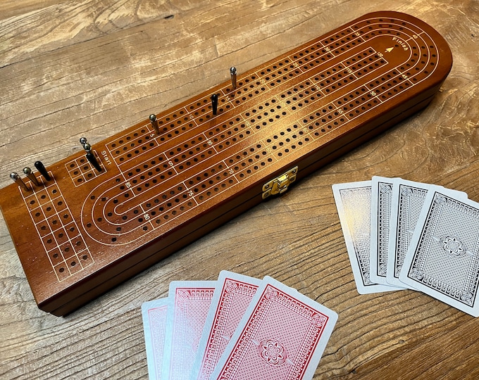 Personalized Wooden 3 Track Cribbage Board w/Metal Pegs & 2 Card Decks - Walnut Finish