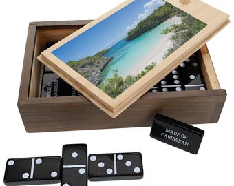 Custom Black Dominoes Set, Personalized Wooden Case with Image