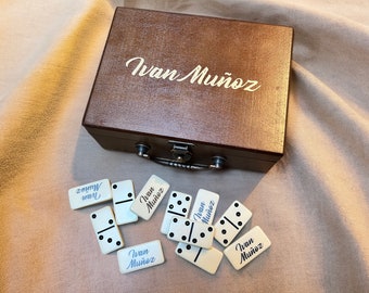 Personalized Double 6 Dominoes in a Wooden Treasure Box