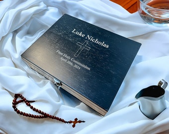 Personalized First Communion / Baptism / Confirmation Engraved Keepsake Wooden Memory Box - Black Stain